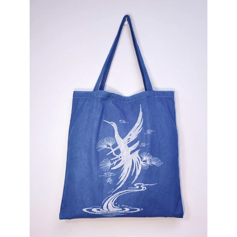 Nüshu Longevity Batik Tote Bag, Natural Indigo Pine & Crane Canvas Bag, Handmade
